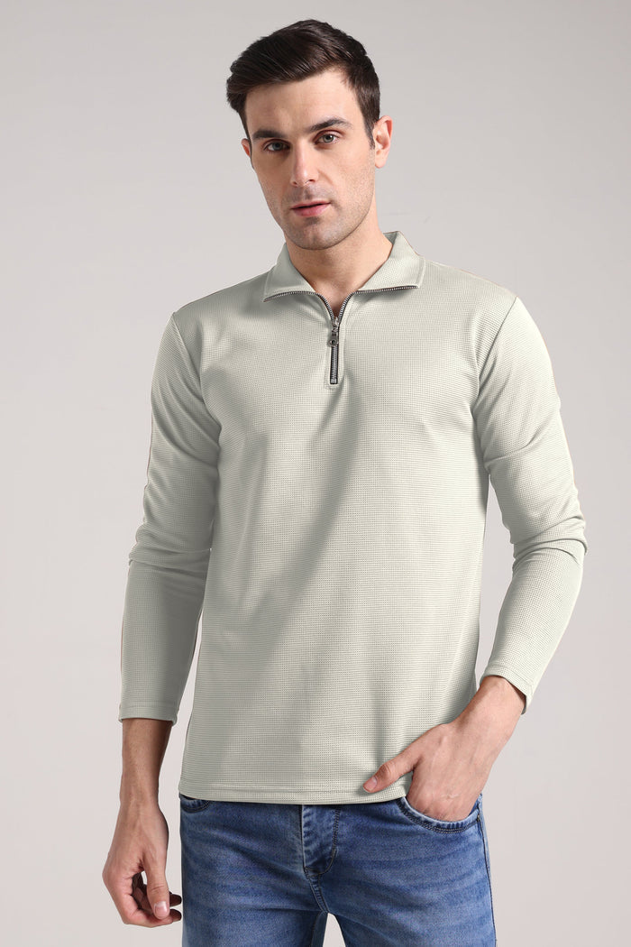 Men's Outer Mesh Pale Grey Full Sleeve Zipper T-Shirt