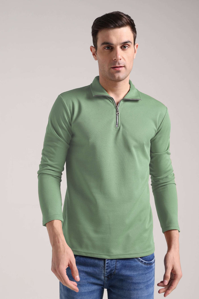 Men's Outer Mesh Pastel Green Full Sleeve Zipper T-Shirt