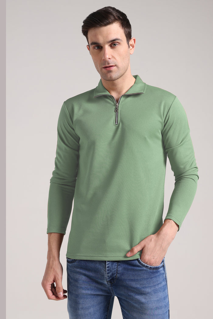 Men's Outer Mesh Pastel Green Full Sleeve Zipper T-Shirt