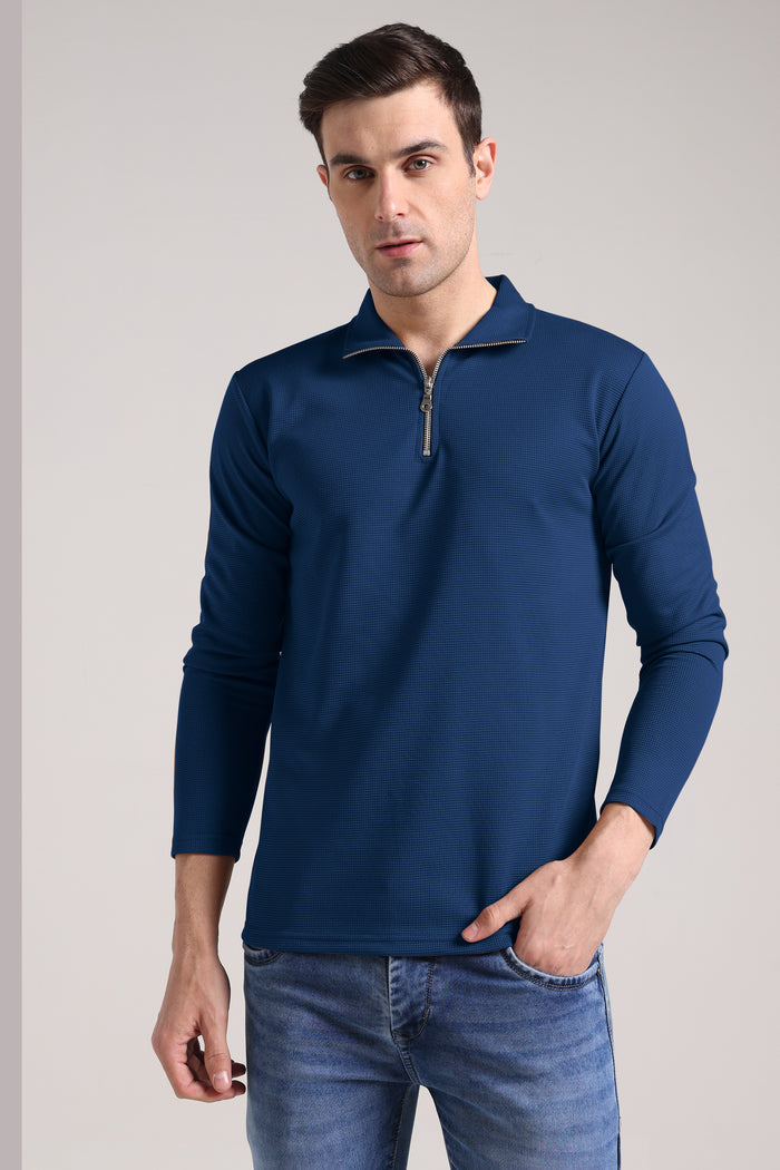 Men's Outer Mesh Royal Blue Full Sleeve Zipper T-Shirt