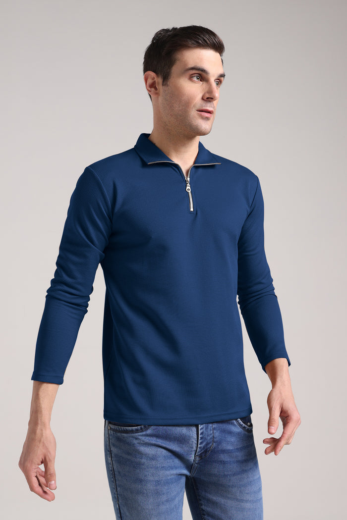 Men's Outer Mesh Royal Blue Full Sleeve Zipper T-Shirt