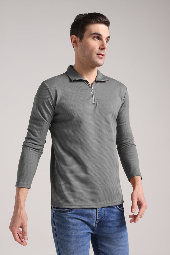 Men's Outer Mesh Window Gery Full Sleeve Zipper T-Shirt