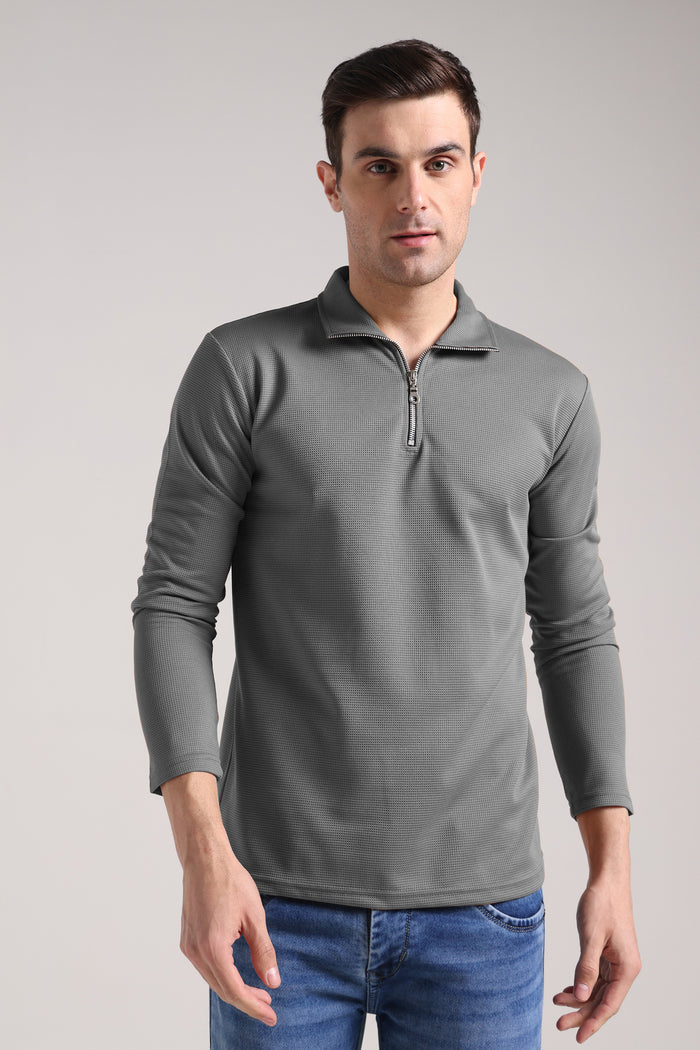 Men's Outer Mesh Window Gery Full Sleeve Zipper T-Shirt