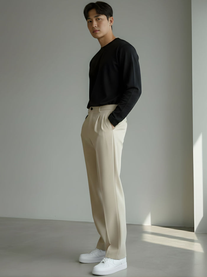 Men's Pastel Cream Loose-Fit Korean Trouser