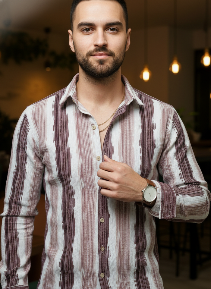 Men's Purple Abstract Stripe Winkle Ribbed Shirt
