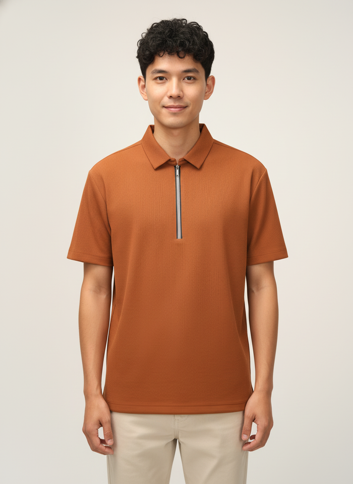 Men’s Rust Orange Textured Ribbed Zip Polo T-Shirt