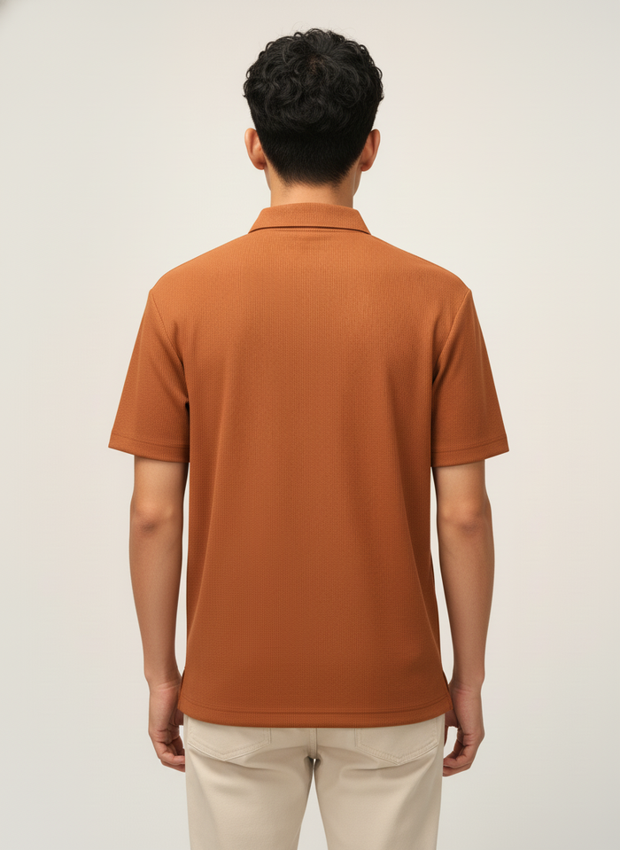 Men’s Rust Orange Textured Ribbed Zip Polo T-Shirt