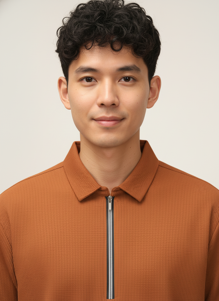 Men’s Rust Orange Textured Ribbed Zip Polo T-Shirt