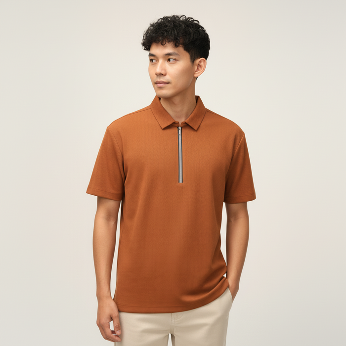 Men’s Rust Orange Textured Ribbed Zip Polo T-Shirt