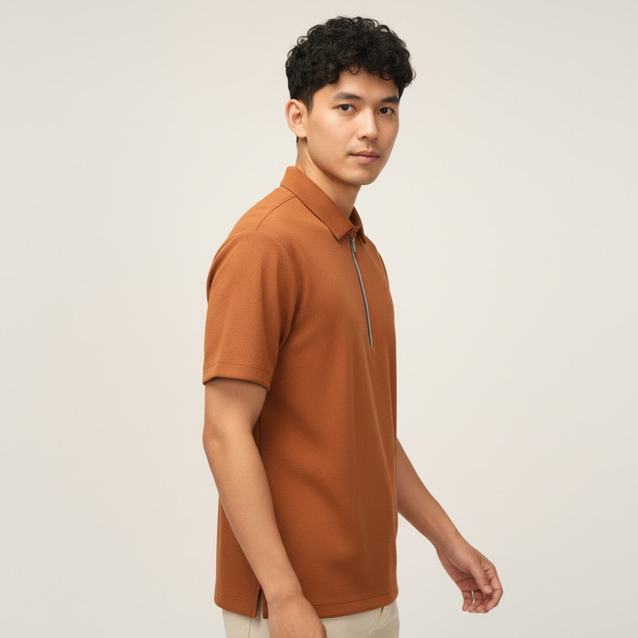 Men’s Rust Orange Textured Ribbed Zip Polo T-Shirt