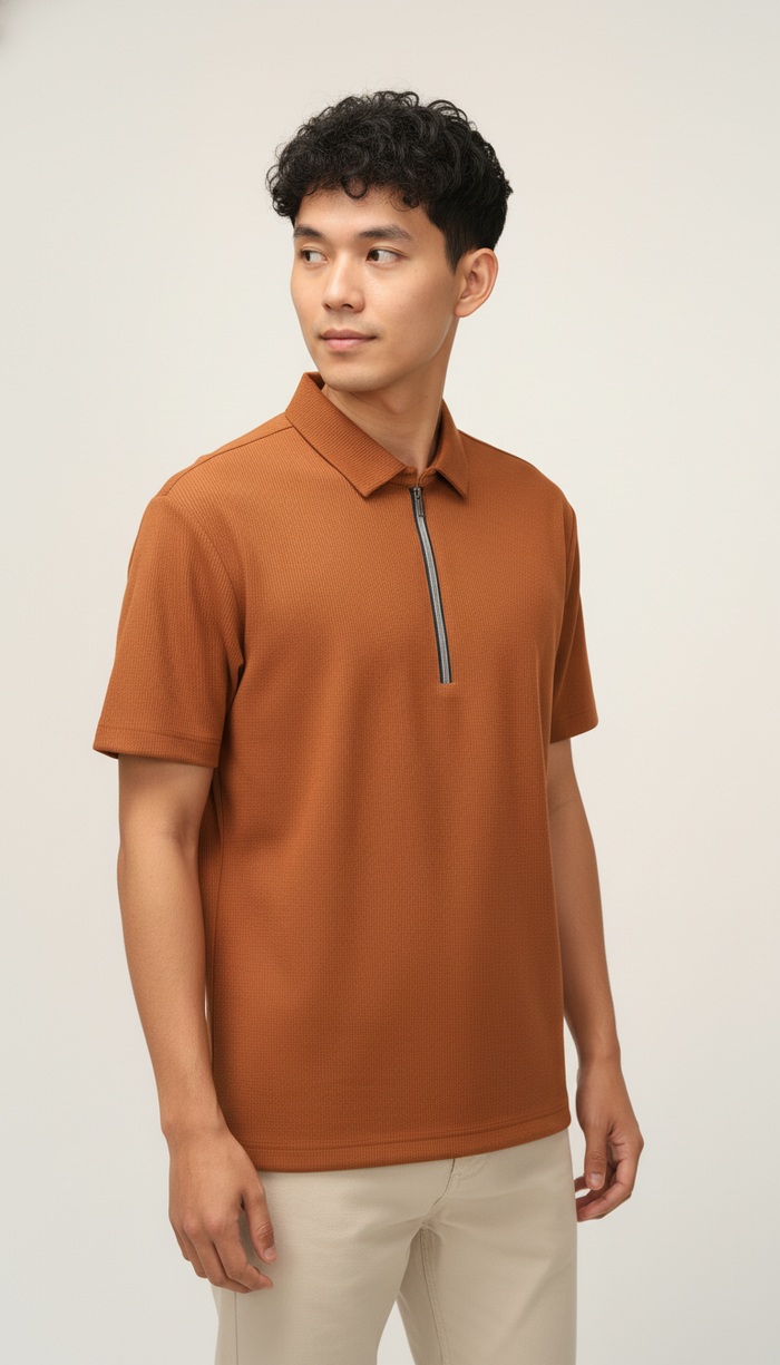 Men’s Rust Orange Textured Ribbed Zip Polo T-Shirt