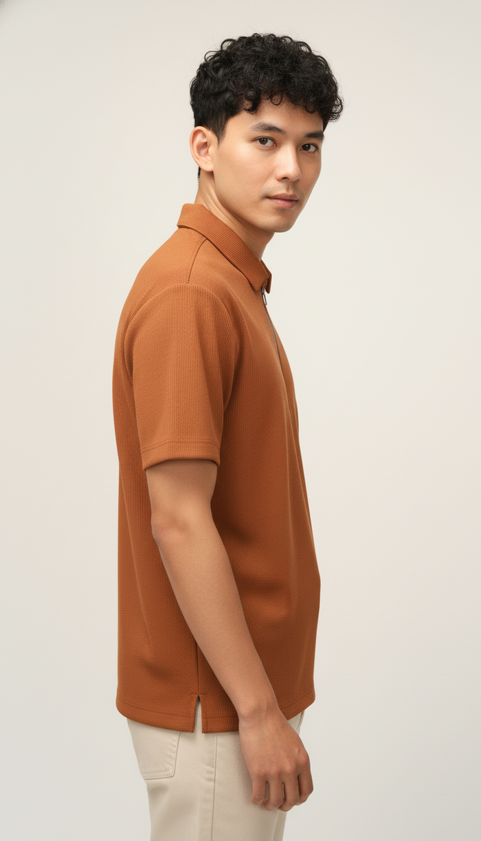 Men’s Rust Orange Textured Ribbed Zip Polo T-Shirt