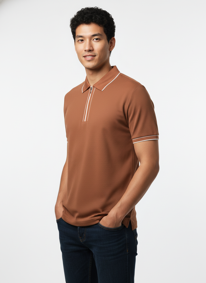 Men's Rustic Copper Contrast Trim Zip Polo T-Shirt