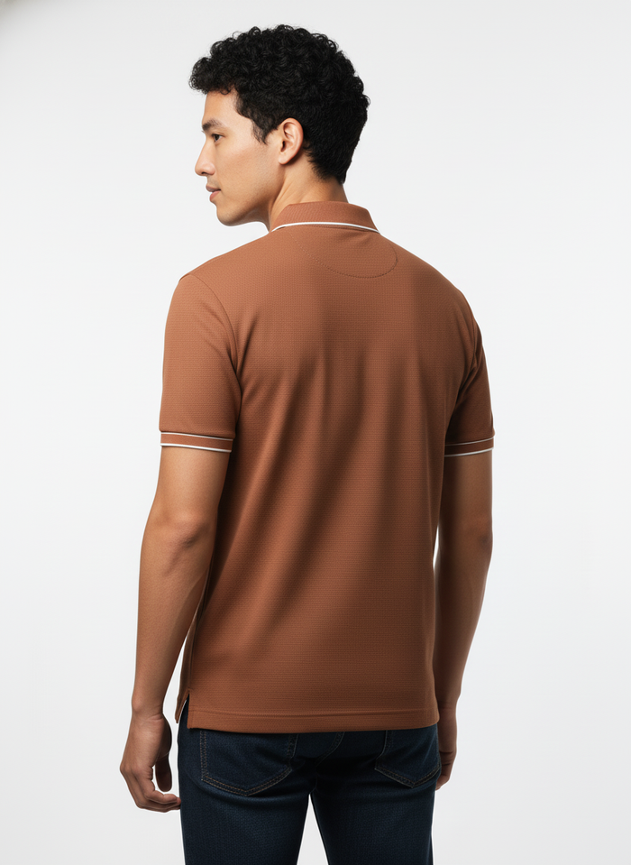 Men's Rustic Copper Contrast Trim Zip Polo T-Shirt