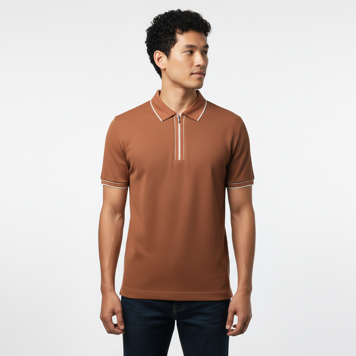 Men's Rustic Copper Contrast Trim Zip Polo T-Shirt