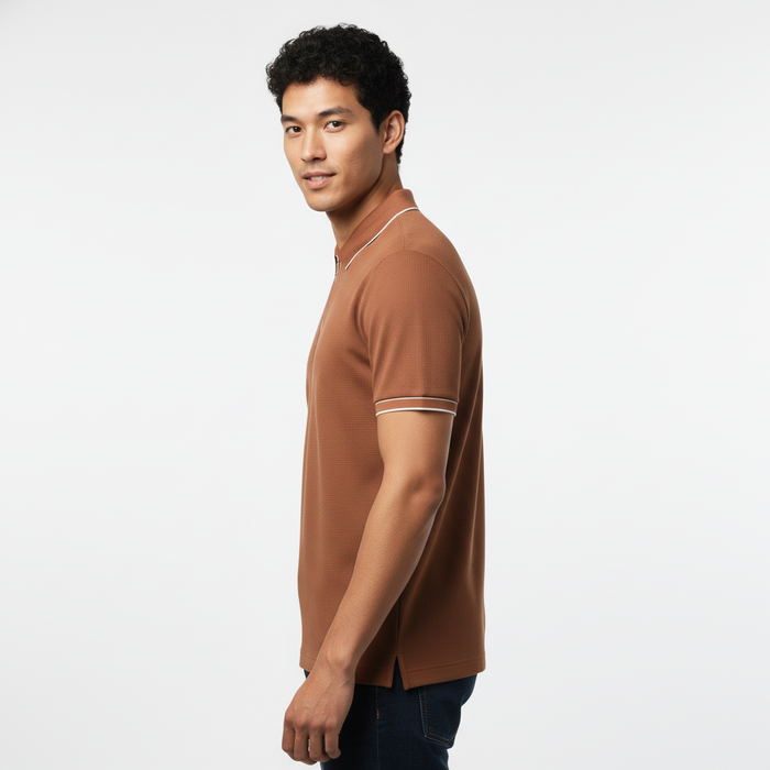 Men's Rustic Copper Contrast Trim Zip Polo T-Shirt