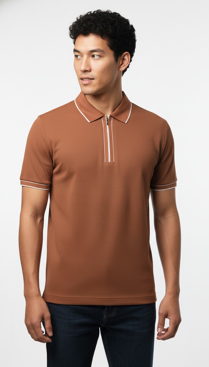 Men's Rustic Copper Contrast Trim Zip Polo T-Shirt