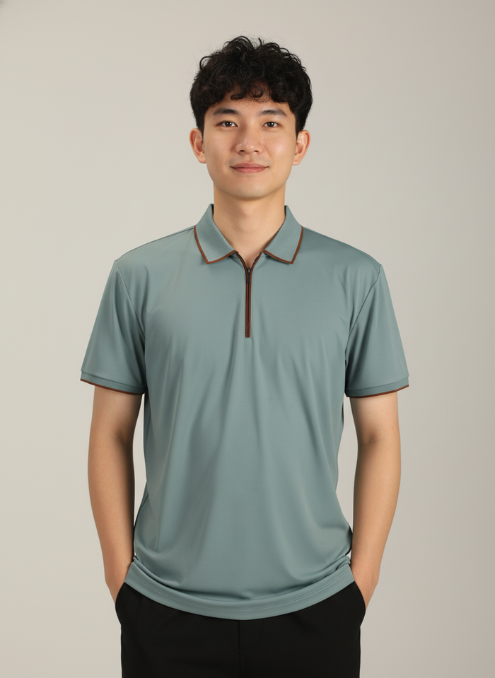 Men's Sage Green Modern Contrast Trim Zip-Neck Polo T-Shirt