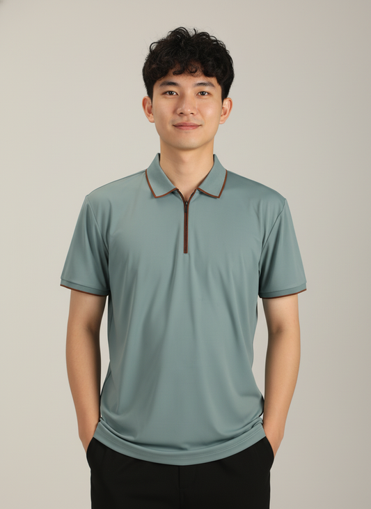 Men's Sage Green Modern Contrast Trim Zip-Neck Polo T-Shirt