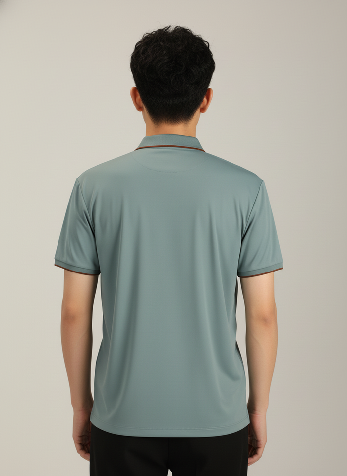 Men's Sage Green Modern Contrast Trim Zip-Neck Polo T-Shirt