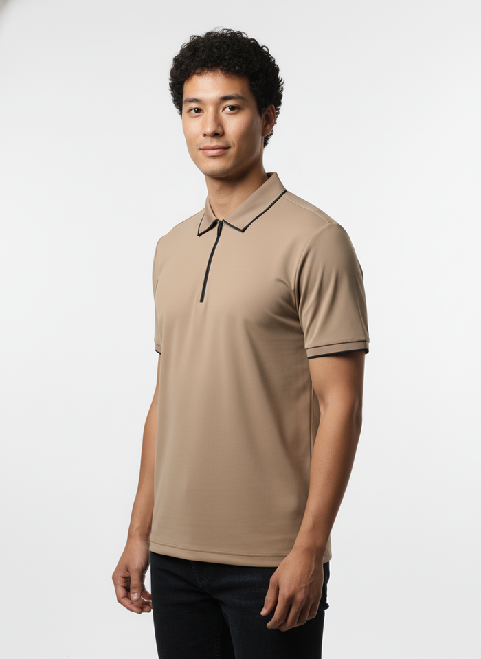 Men's Sand Beige Modern Contrast Trim Zip-Neck Polo T-Shirt