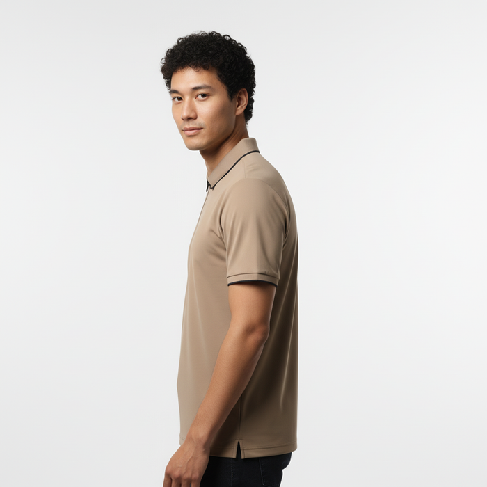 Men's Sand Beige Modern Contrast Trim Zip-Neck Polo T-Shirt