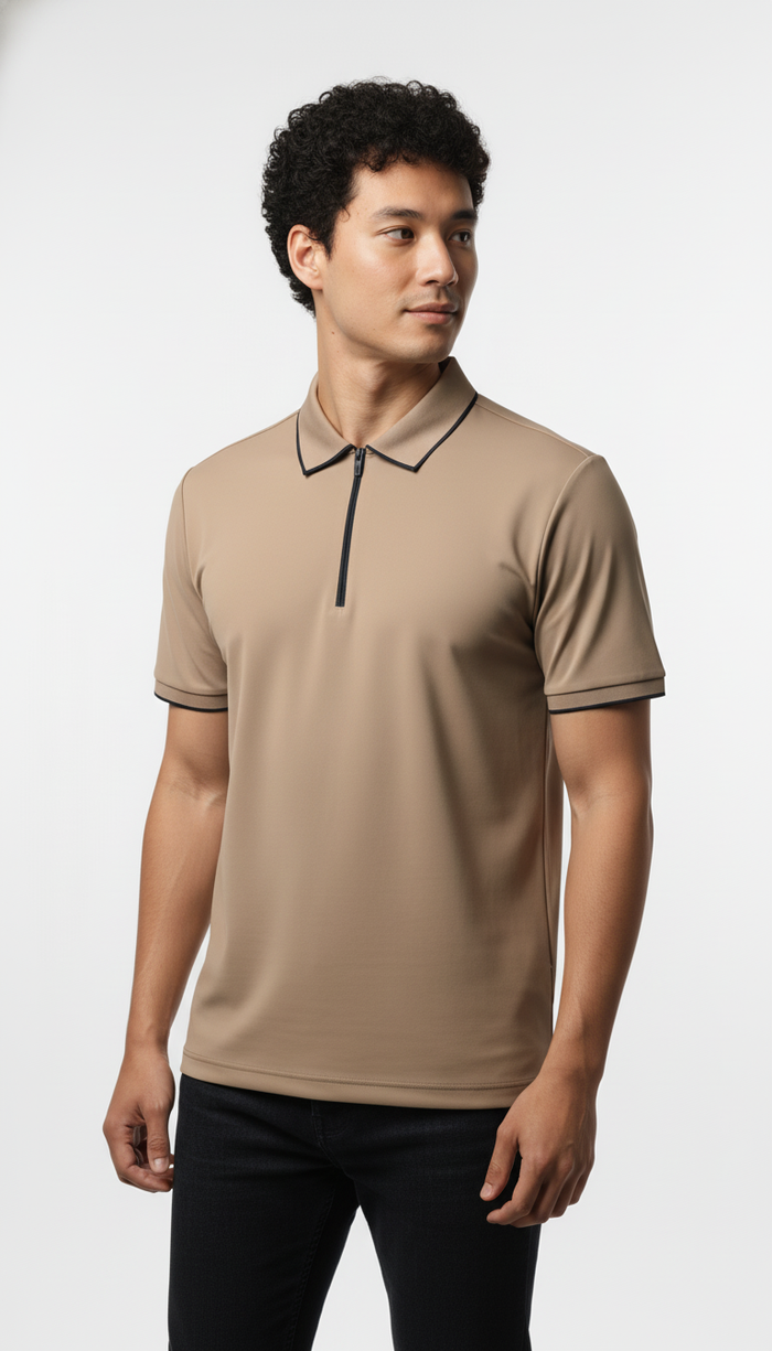 Men's Sand Beige Modern Contrast Trim Zip-Neck Polo T-Shirt