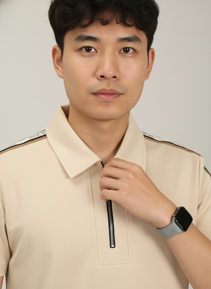 Men's Sand Beige Premium Shoulder-Stripe Zip Polo T-Shirt