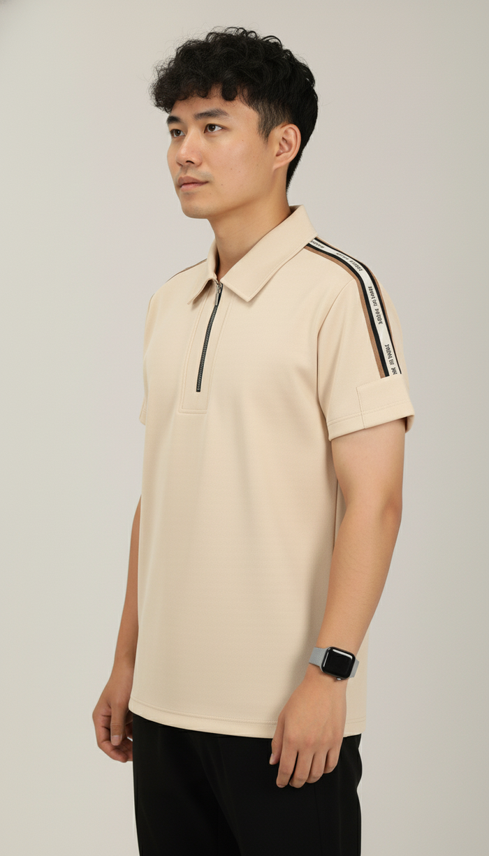 Men's Sand Beige Premium Shoulder-Stripe Zip Polo T-Shirt