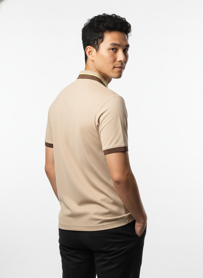 Men's Sand Beige Textured Zip-Polo T-Shirt with Neon Collar Accent