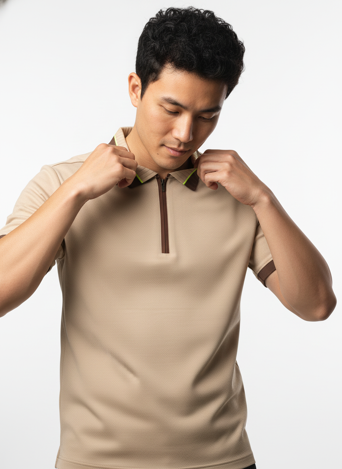 Men's Sand Beige Textured Zip-Polo T-Shirt with Neon Collar Accent