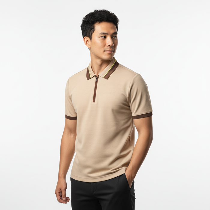 Men's Sand Beige Textured Zip-Polo T-Shirt with Neon Collar Accent
