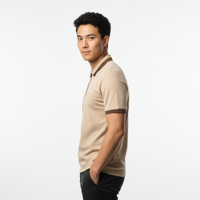 Men's Sand Beige Textured Zip-Polo T-Shirt with Neon Collar Accent