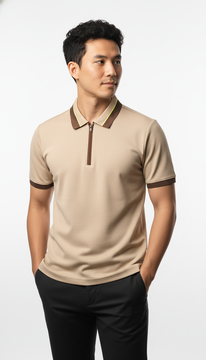 Men's Sand Beige Textured Zip-Polo T-Shirt with Neon Collar Accent