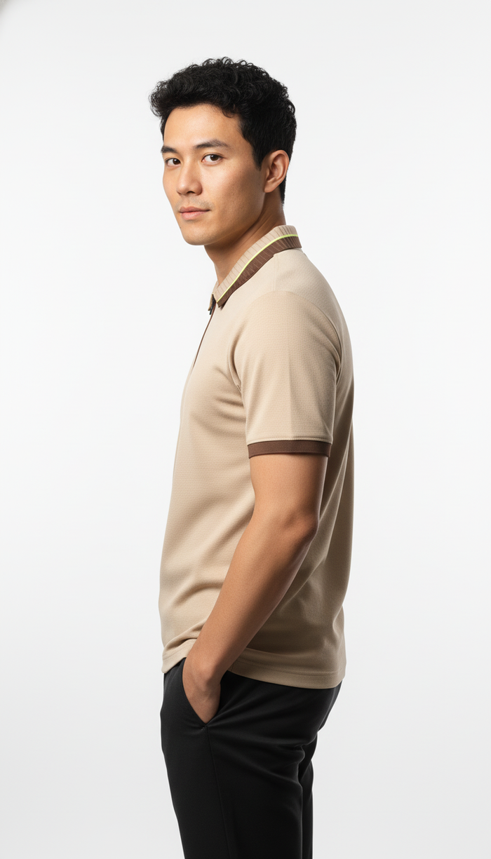 Men's Sand Beige Textured Zip-Polo T-Shirt with Neon Collar Accent