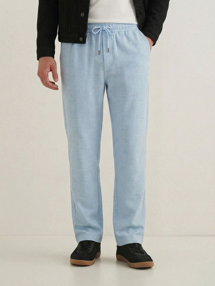 Men's Sky Blue Textured Relaxed Fit Trousers with Elasticated Drawstring Waist