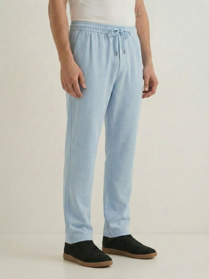 Men's Sky Blue Textured Relaxed Fit Trousers with Elasticated Drawstring Waist