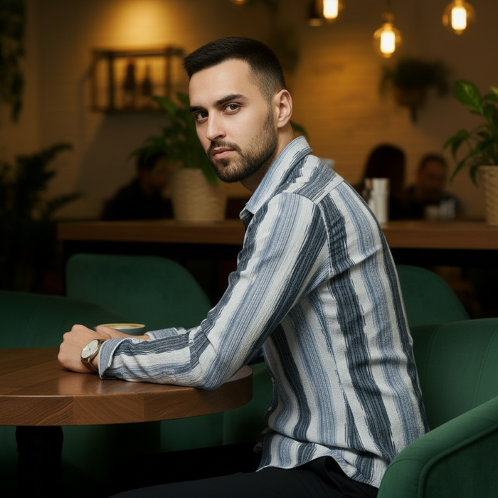 Men's Slate Blue Abstract Stripe Winkle Ribbed Shirt