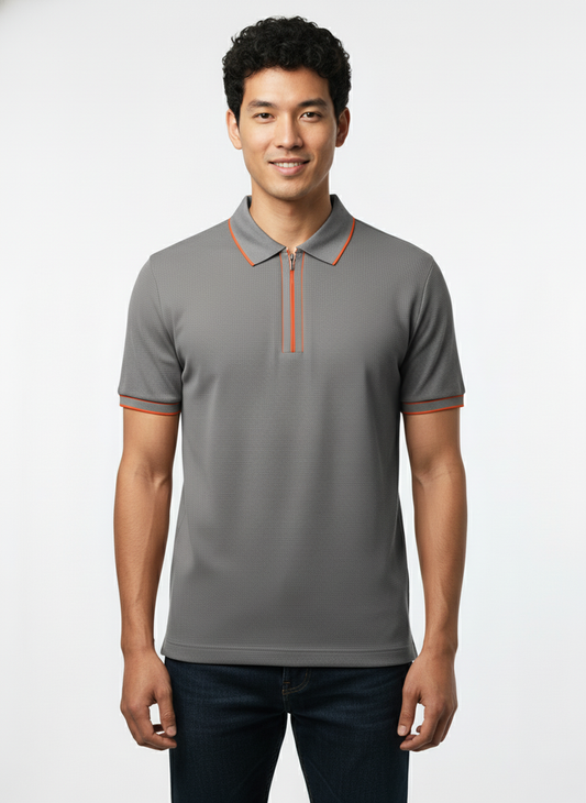 Men's Steel Grey Contrast Trim Zip Polo T-Shirt