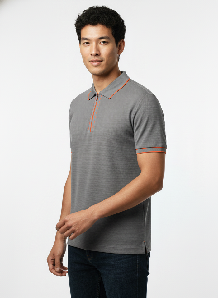 Men's Steel Grey Contrast Trim Zip Polo T-Shirt