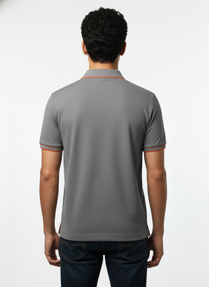 Men's Steel Grey Contrast Trim Zip Polo T-Shirt