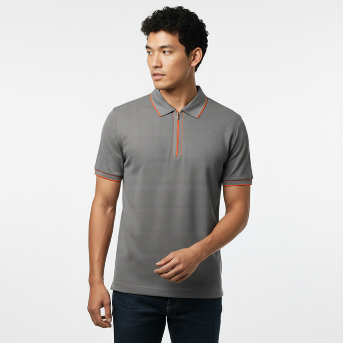 Men's Steel Grey Contrast Trim Zip Polo T-Shirt