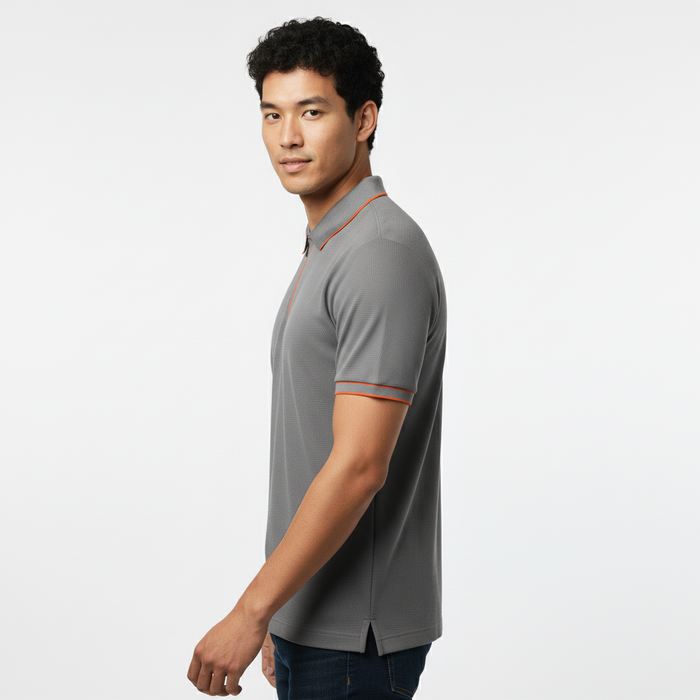 Men's Steel Grey Contrast Trim Zip Polo T-Shirt