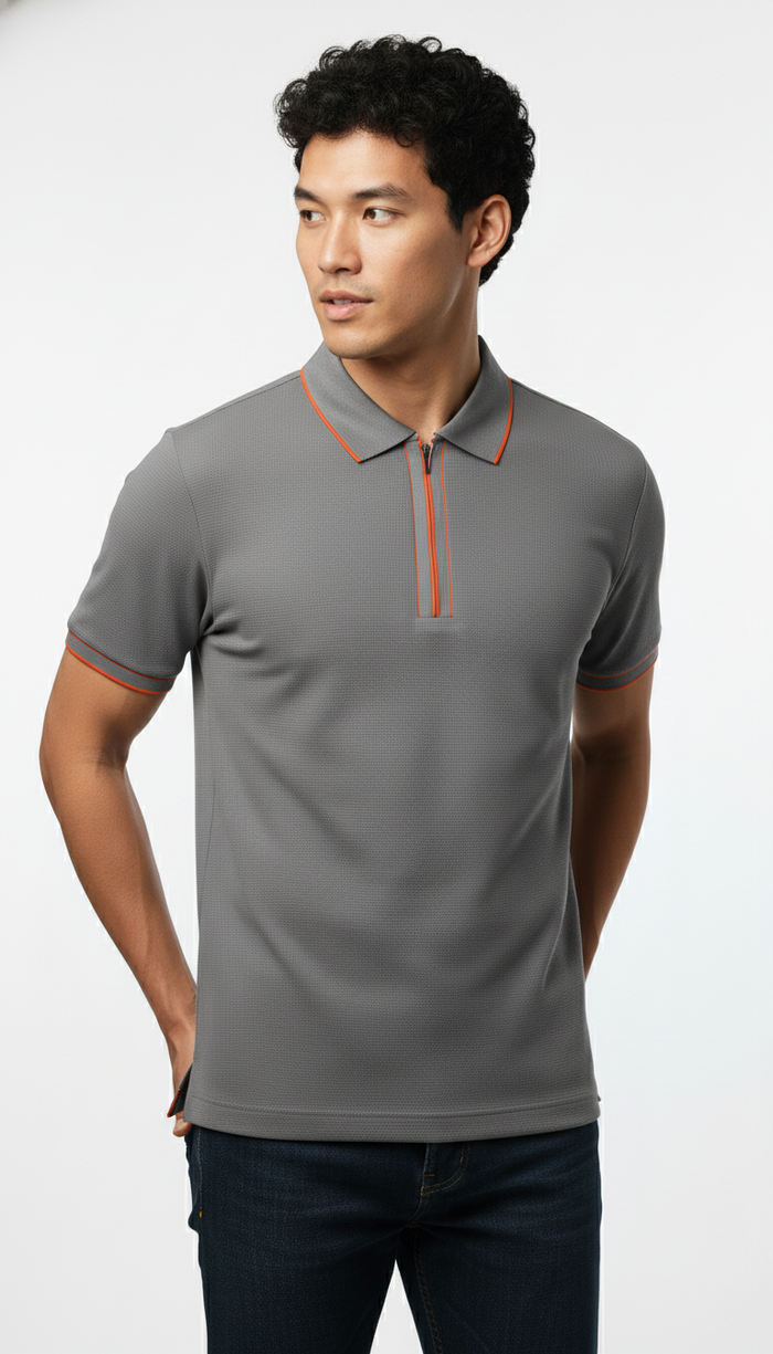 Men's Steel Grey Contrast Trim Zip Polo T-Shirt
