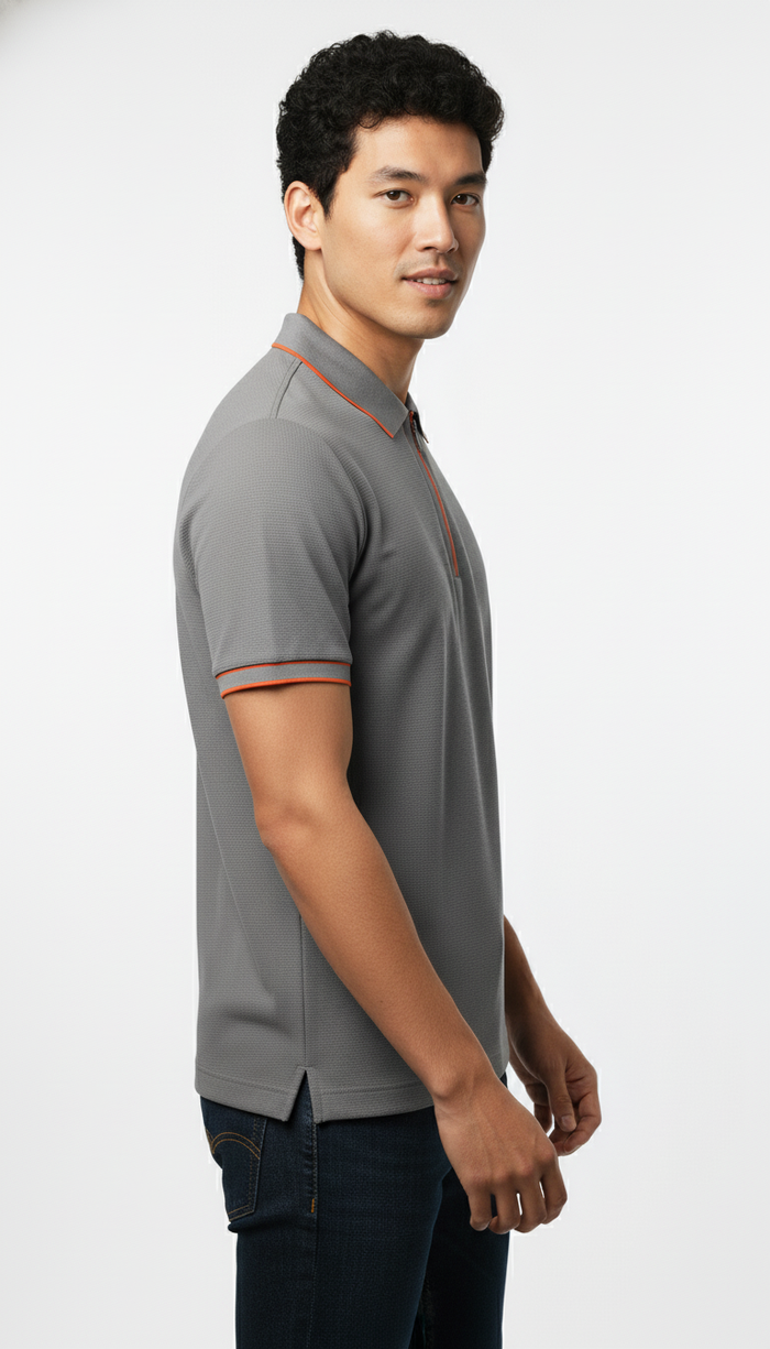 Men's Steel Grey Contrast Trim Zip Polo T-Shirt