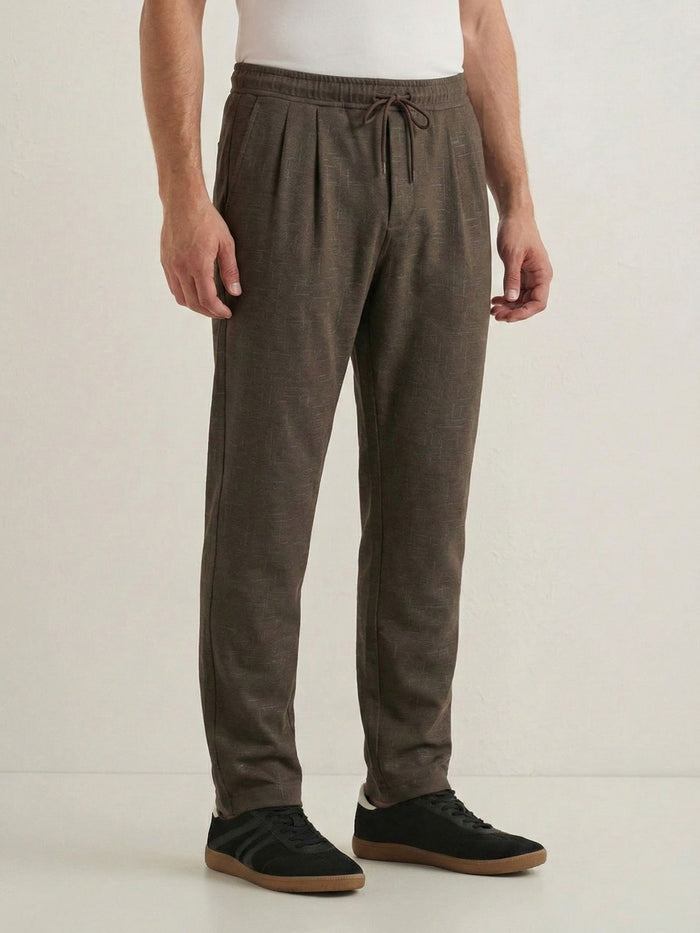 Men's Taupe Textured Relaxed Fit Trousers with Elasticated Drawstring Waist