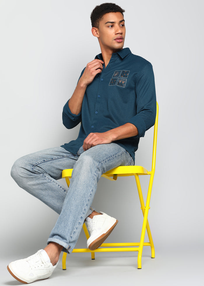 Men’s Teal Blue Textured Regular Fit Shirt with Floral Chest Embroidery