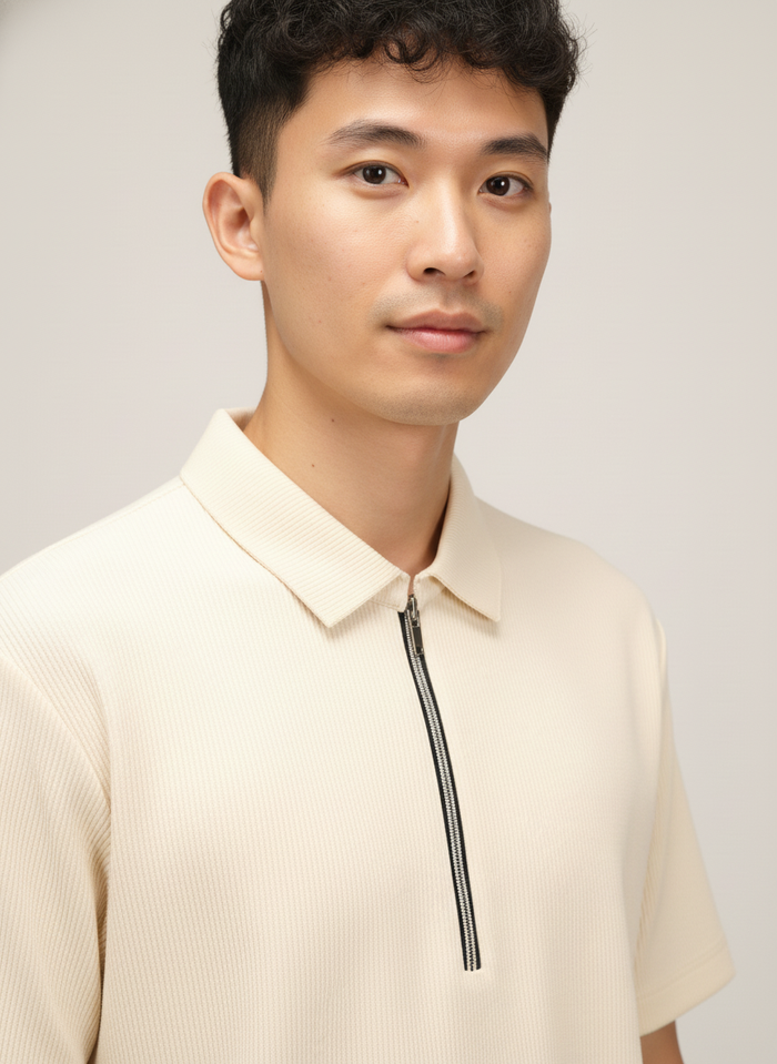 Men’s Vanilla Cream Textured Ribbed Zip Polo T-Shirt