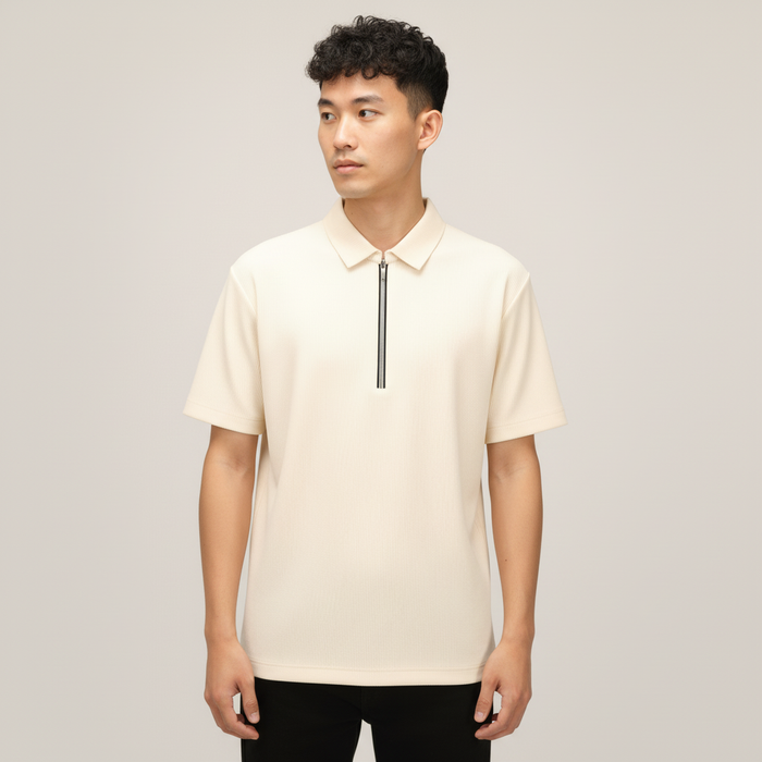 Men’s Vanilla Cream Textured Ribbed Zip Polo T-Shirt