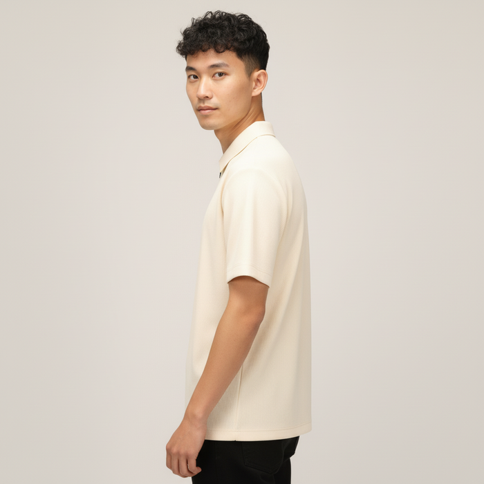 Men’s Vanilla Cream Textured Ribbed Zip Polo T-Shirt